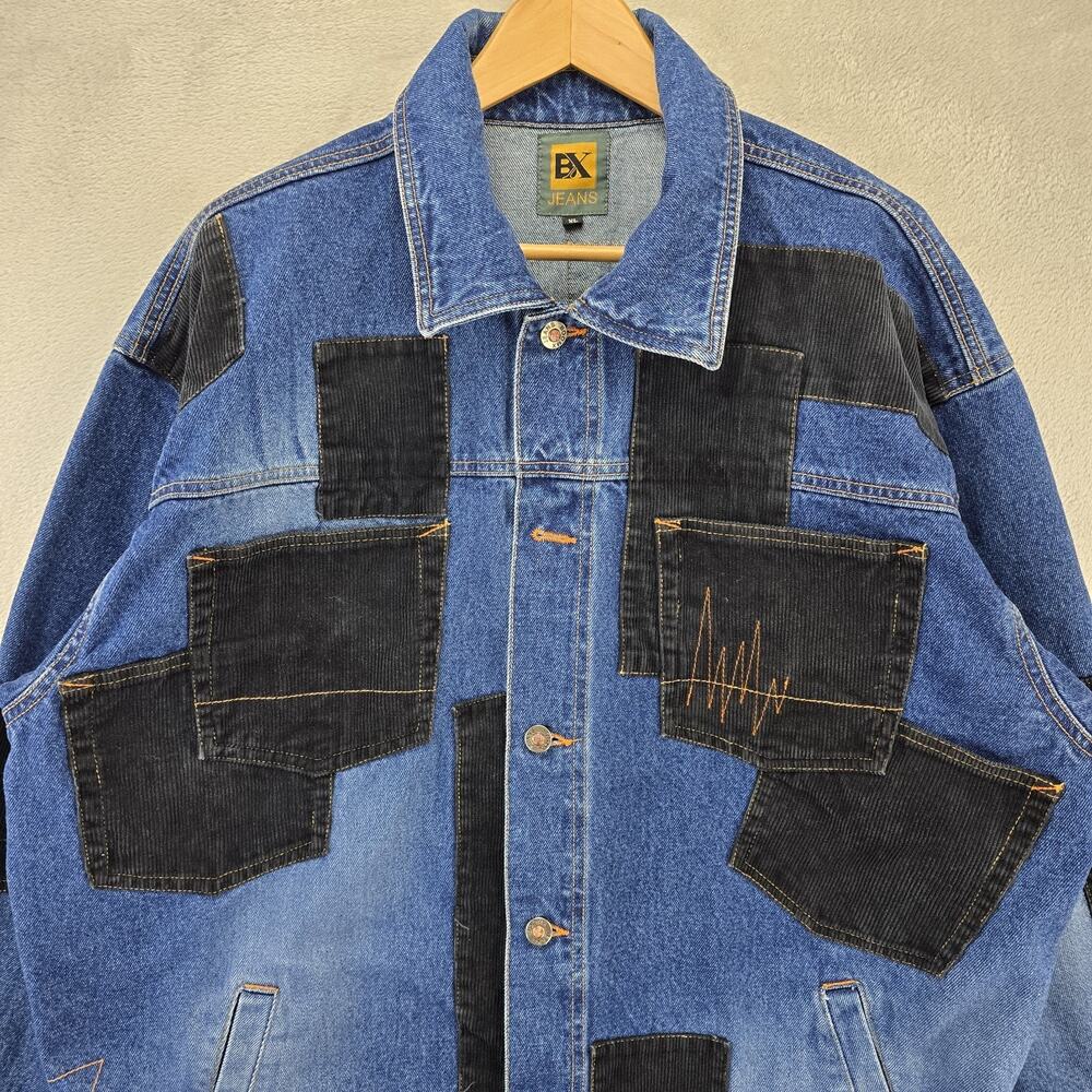 VTG Boom X Jean Jacket Mens XL Blue Denim Corduroy Patchwork Trucker Y2K FLAWS - Picture 3 of 15